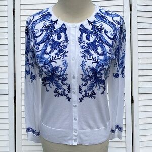 TALBOTS White Blue Paisley Cardigan Sweater Coastal Button Down Long Sleeve